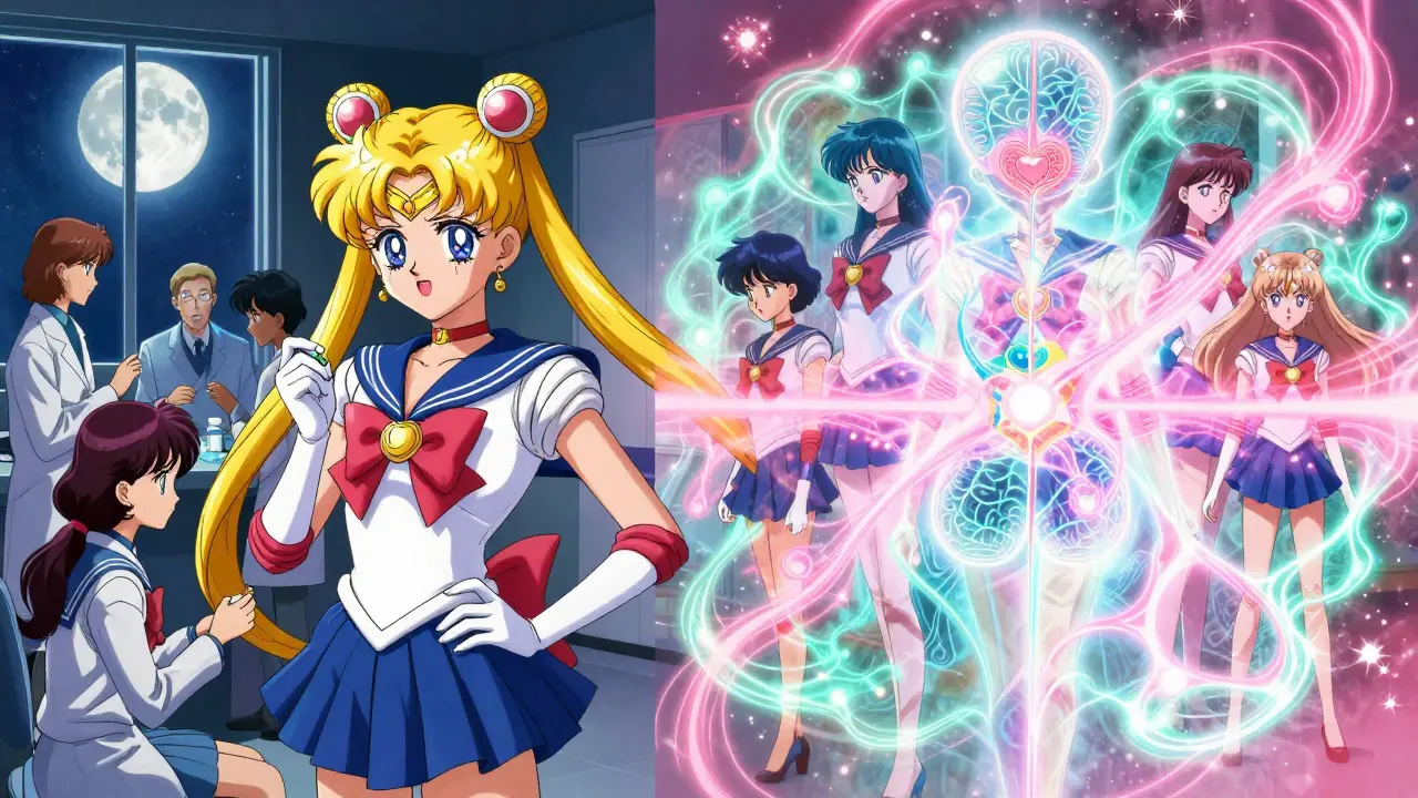 Clinical trial participants in a moonlit room with internal body graphs merging into glowing energy fields.