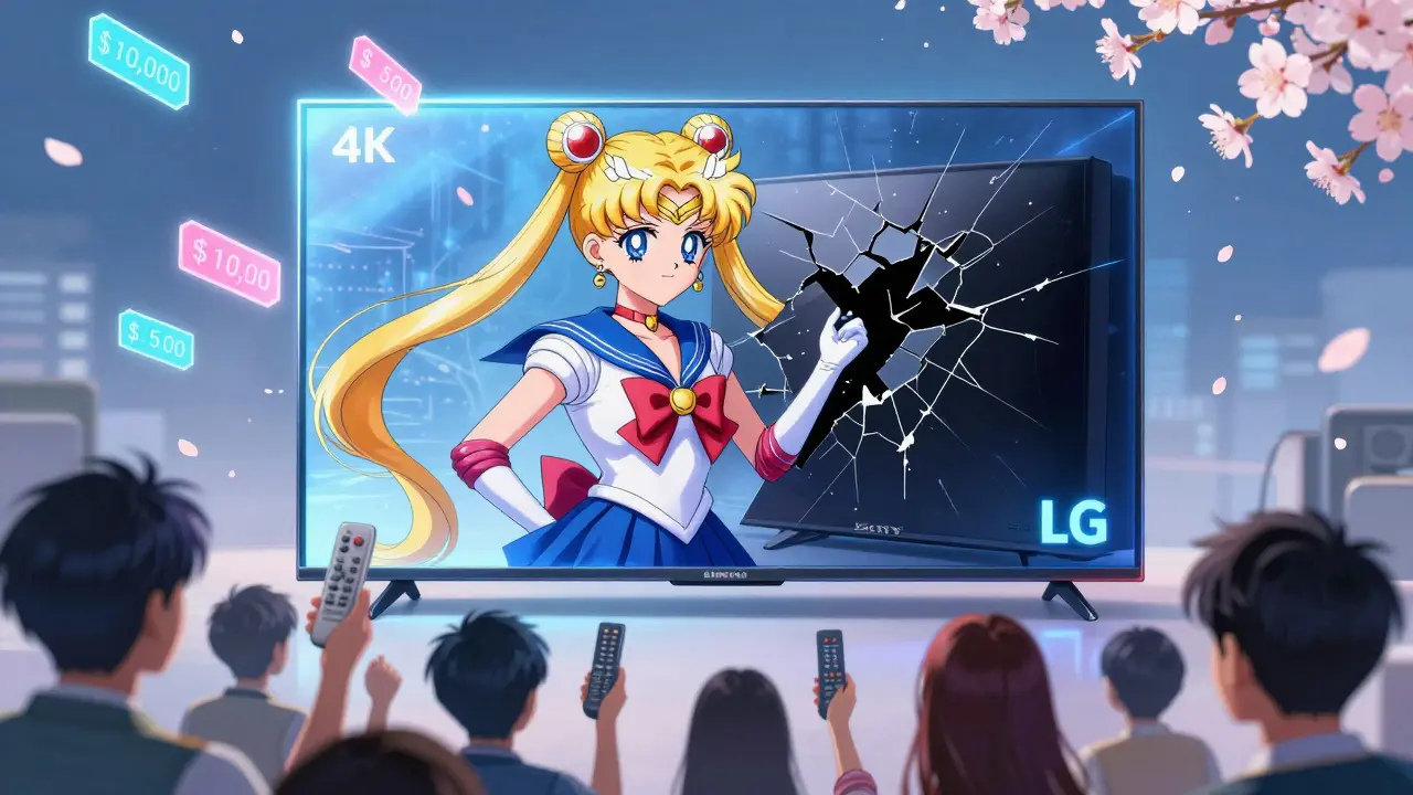 Customers cheer as affordable TVs replace an overpriced Sony model in a neon-lit anime scene.