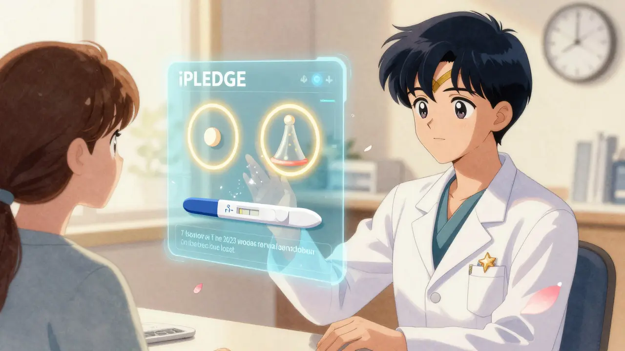 Dermatologist and patient interacting with a holographic iPLEDGE interface showing birth control methods in anime style.