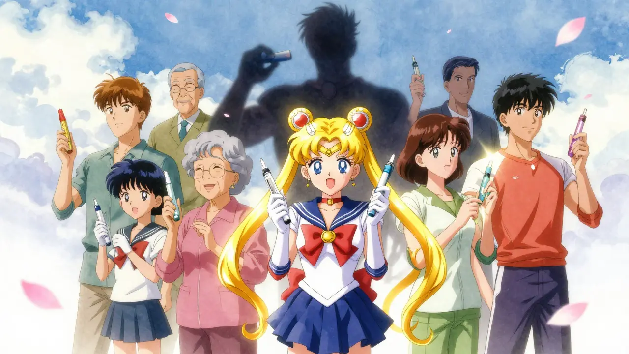 Diverse patients holding generic combination devices, glowing with light as branded versions fade away in the background.