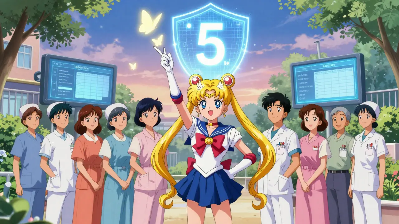 Families and nurses unite as medication labels turn into butterflies, digital charts replace paper, safety rating glows above.