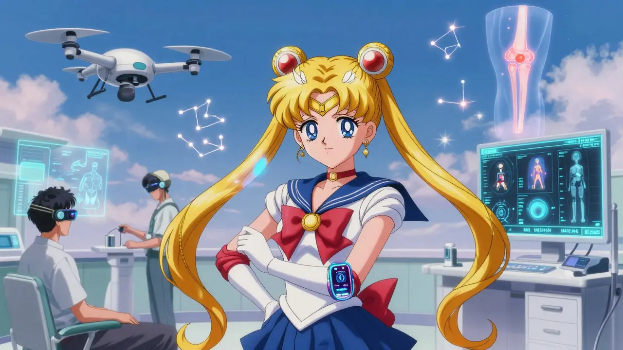 Futuristic wearable sensors and AI imaging project RA data as constellations above a patient in anime style.