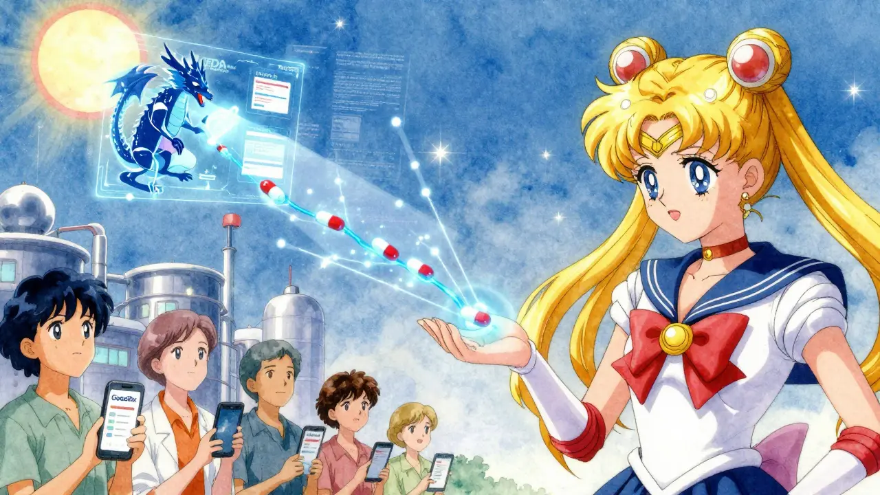 Glowing pills travel on a blockchain chain to a patient as an AI dragon destroys fake pharmacies in a celestial scene.