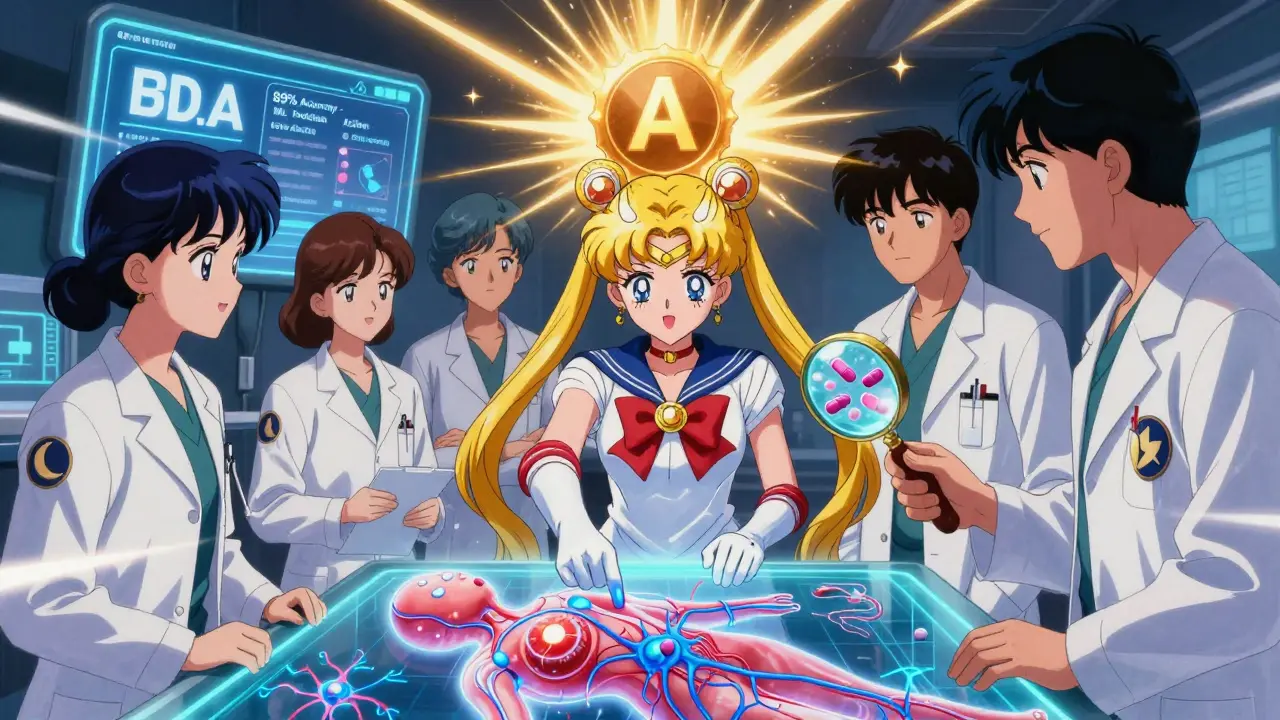 Healthcare team analyzing a holographic human body with glowing drug interactions and an A* rating badge.