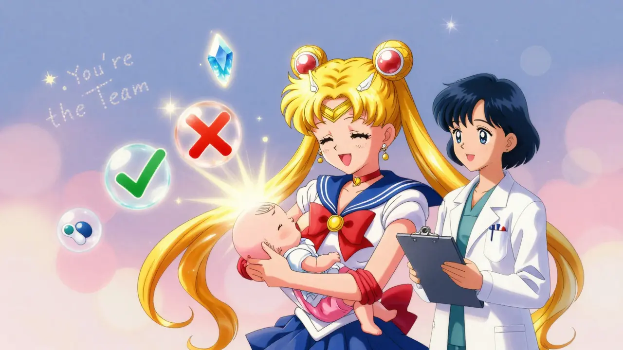 Mother breastfeeding with medical symbols glowing above her, OB/GYN beside her under a moonlit sky.