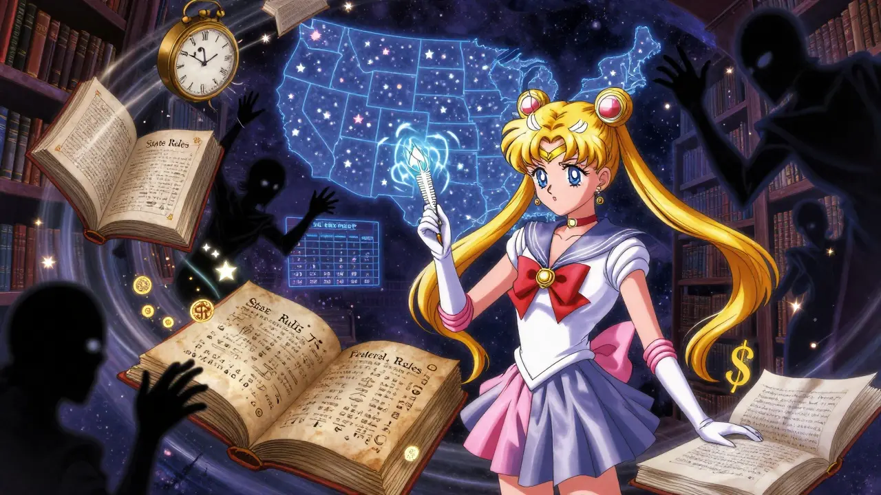 Mystical library with floating state and federal law books, lawyer casting magic substitution spell.