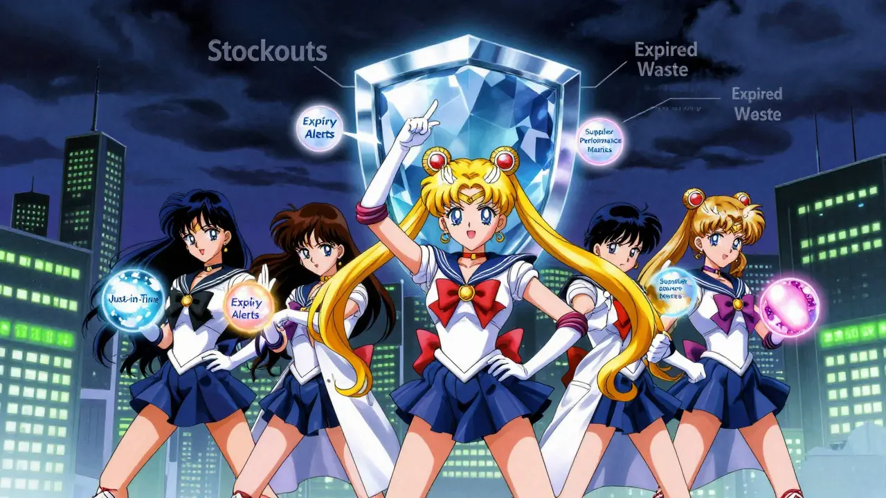 Pharmacists performing a power-up pose, creating a shield against stockouts and expired waste.