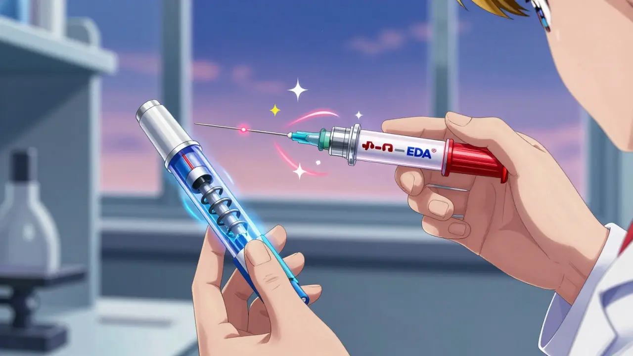 Scientists testing a generic auto-injector next to a branded EpiPen in a lab, with glowing internal mechanisms showing alignment differences.