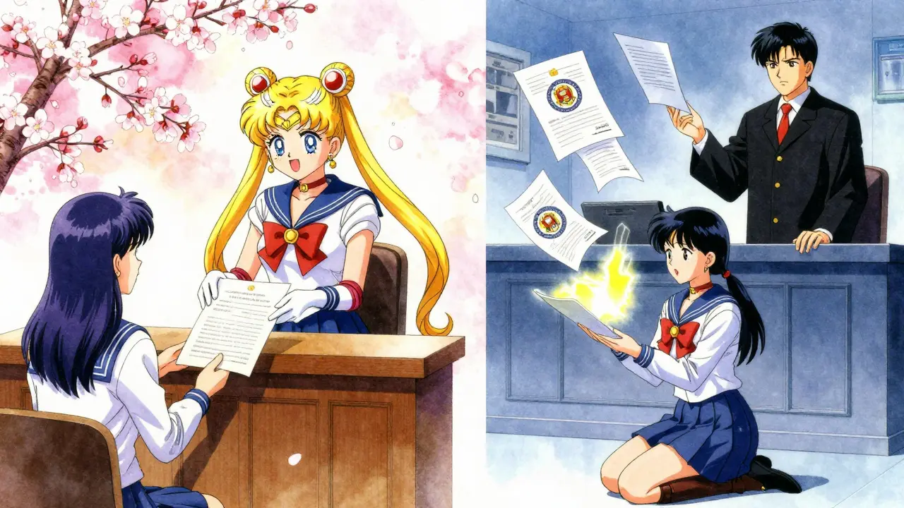 Split scene: relaxed state court form exchange vs. tense federal courtroom with glowing signatures.