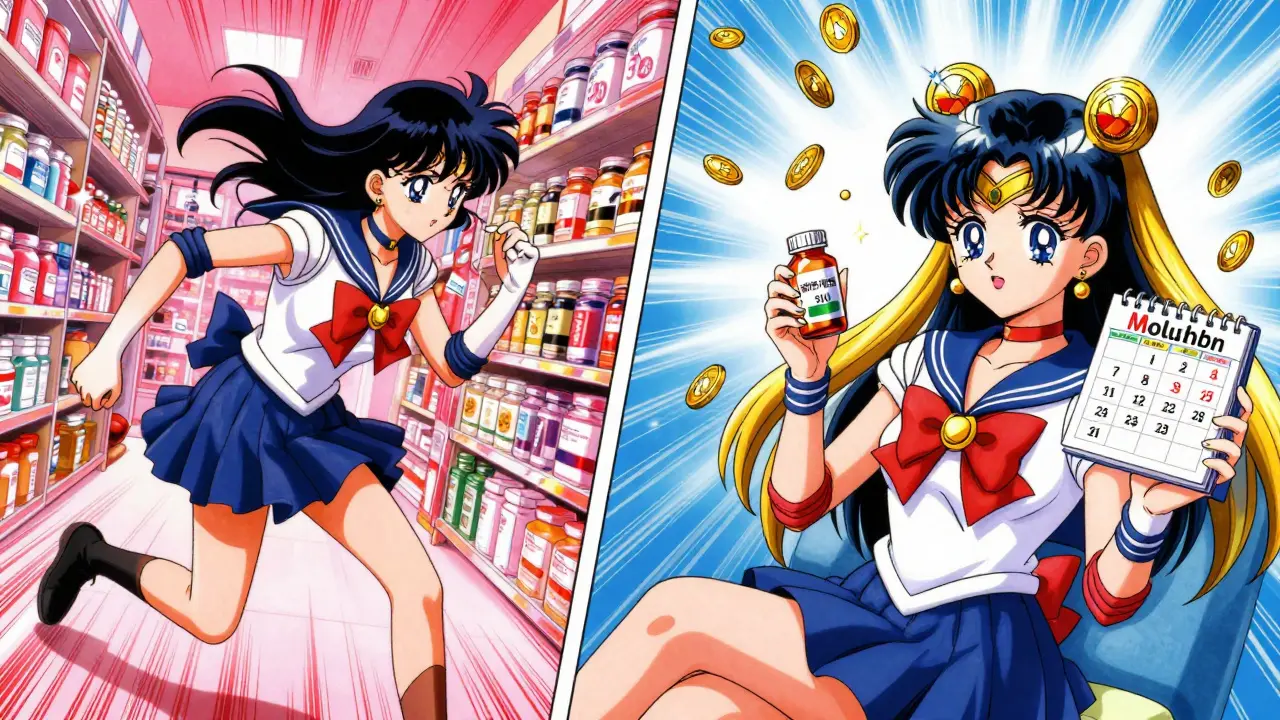 Split scene showing stress at a pharmacy versus calm with 90-day supply and savings.