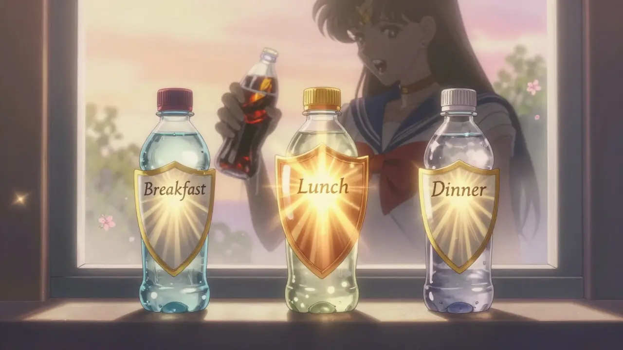 Three water bottles shine like magical talismans at dawn, casting protective light over meals while a shadowy diet soda fades away.
