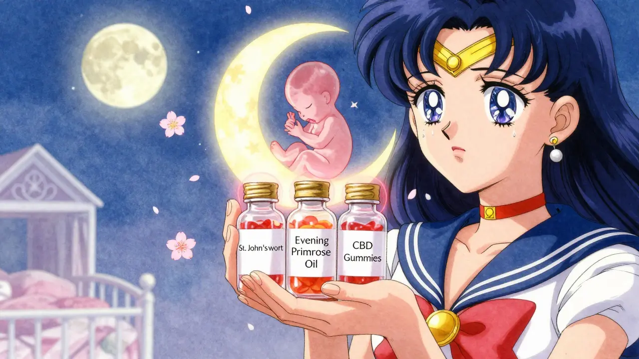 Woman holding herbal supplements with warning halos as a lunar shield protects a fetus in anime style.