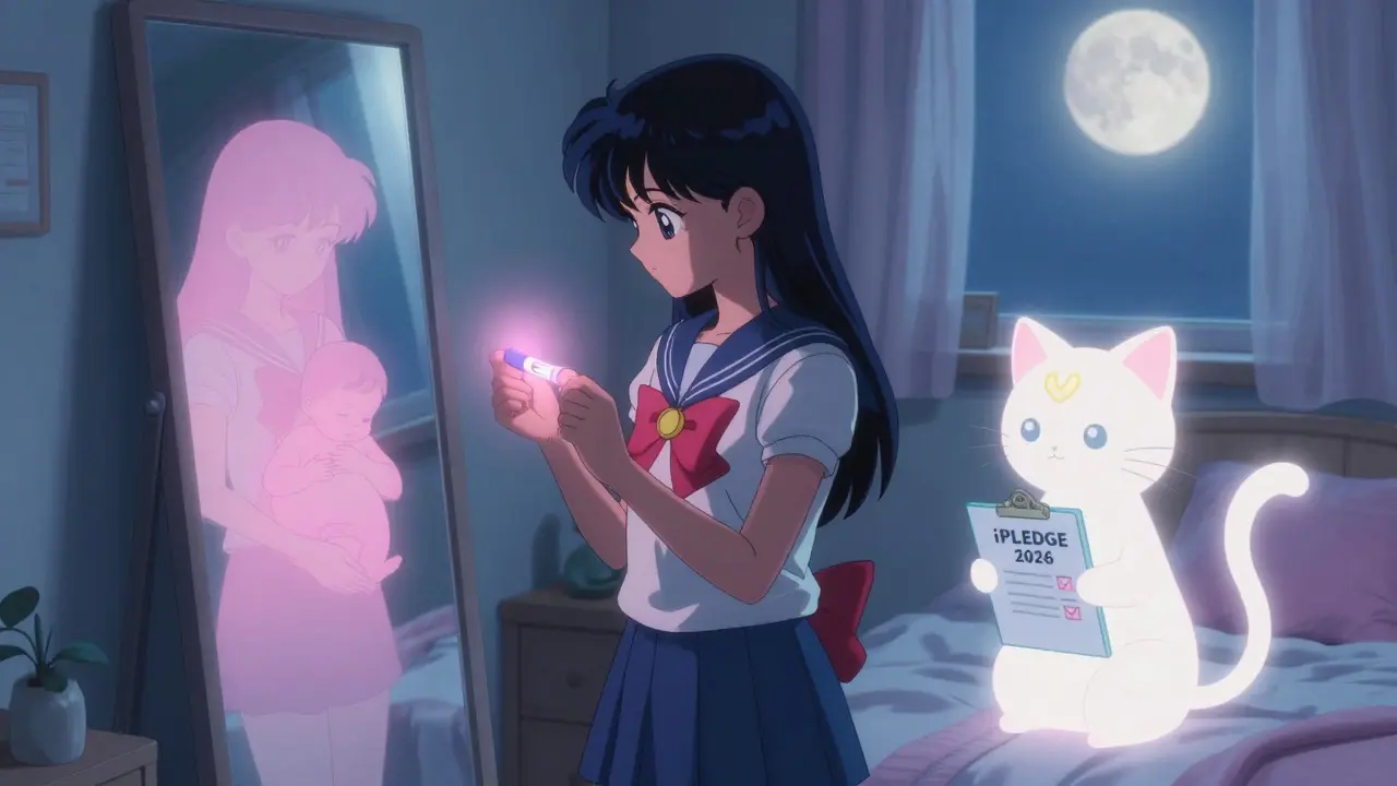 Young person at home with a glowing pregnancy test, mirrored reflection shows future baby, guided by a cat spirit in anime style.