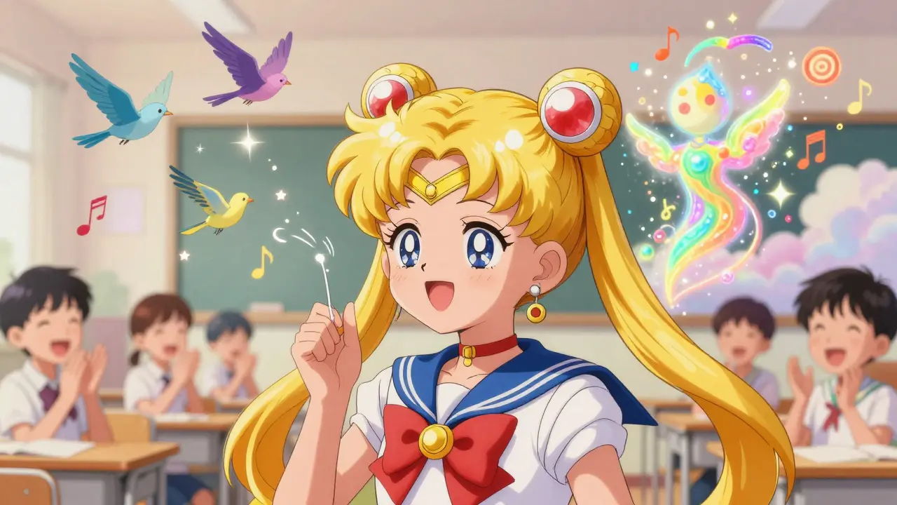 A child smiles as sound waves become birds flying out of their ear, with a glowing guardian dissolving behind them.