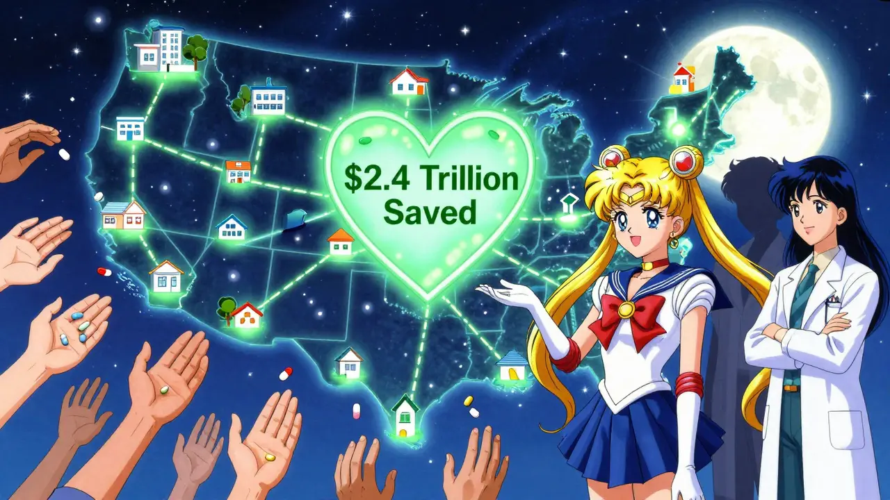 A cosmic map of the U.S. shows generic pills as stars forming a heart, with diverse hands catching them under a glowing moon.