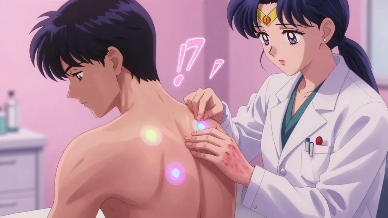 A dermatologist applying patch test stickers to a patient's back, with a spectral rash visible in the background.