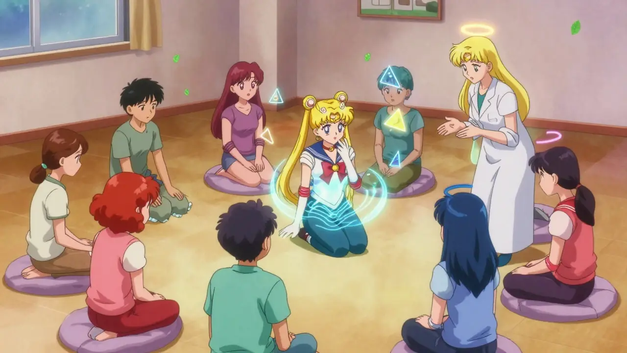 A group of patients in therapy with glowing auras being guided by a therapist with calming energy.