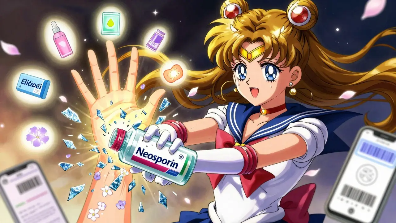 A hand smashing a broken bottle of Neosporin as healing light radiates from skin, surrounded by icons of safe skincare alternatives.