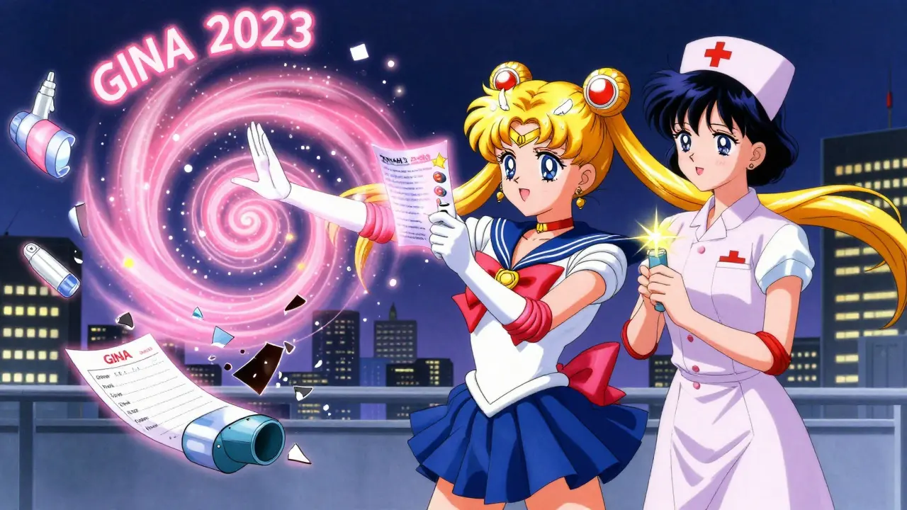 A patient performs perfect inhaler technique with magical energy, while broken devices shatter behind them under glowing guidelines.