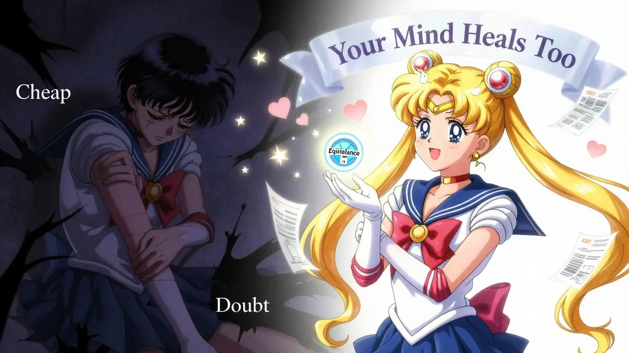 A person in pain on one side, calm and glowing on the other, with a floating pill labeled 'Equivalence' and a glowing FDA seal.