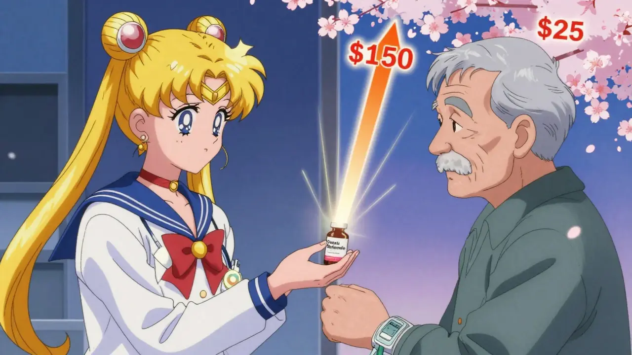 A pharmacist hands a generic diabetes pill to an elderly man, with price tags floating beside them in soft anime lighting.