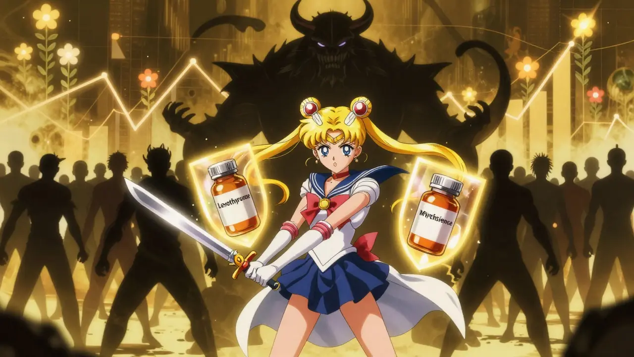 A science warrior battles misinformation monsters with FDA shields, while patient silhouettes glow behind her.