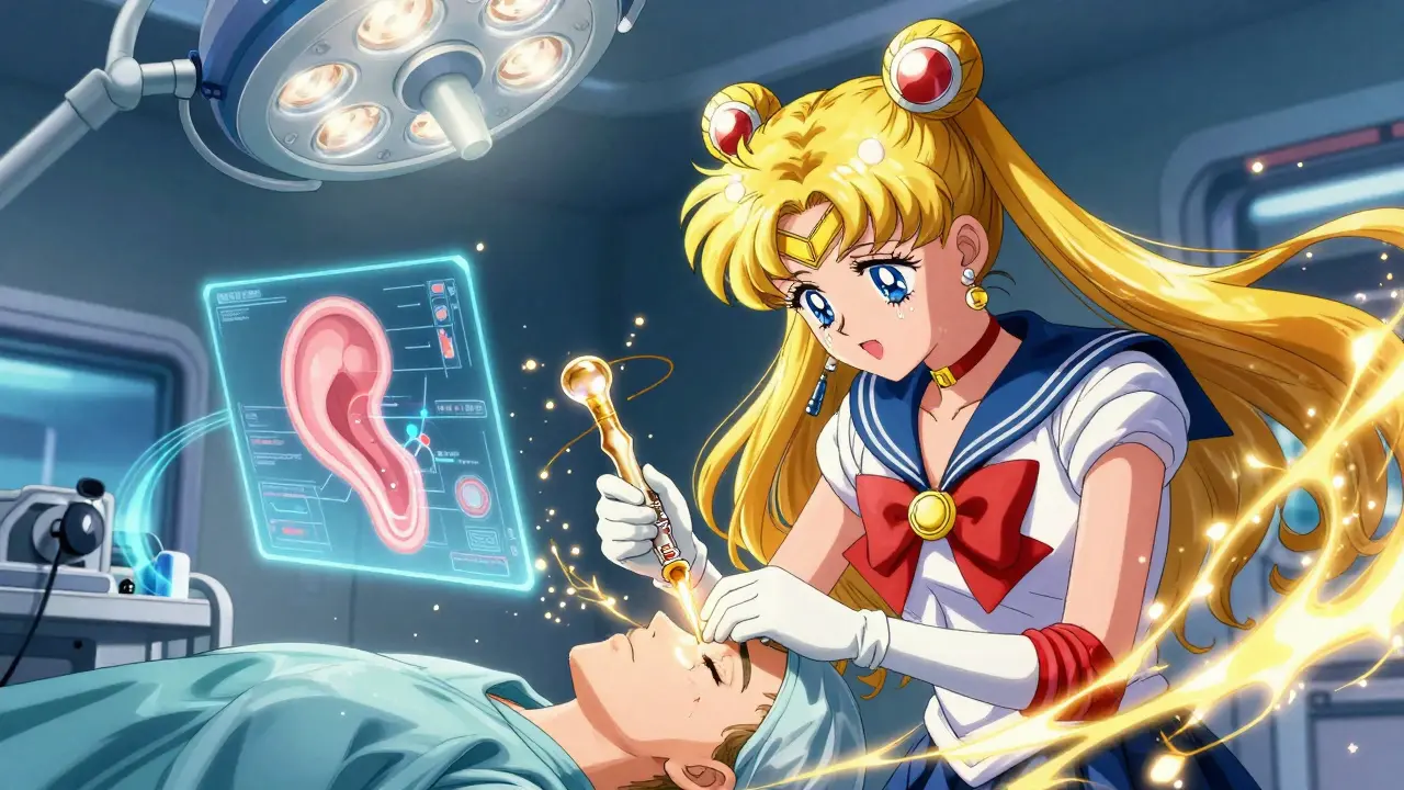 A surgeon uses golden laser energy to replace a stapes bone with a shimmering prosthesis, surrounded by holographic ear diagrams.