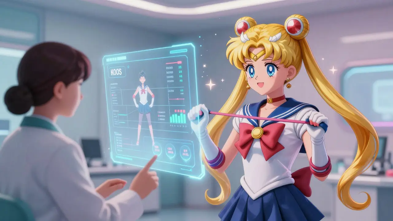 A therapist and patient reviewing a holographic exercise plan with glowing progress metrics in a futuristic clinic.