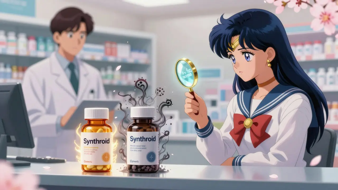 A woman comparing two pill bottles, one glowing safely, the other leaking shadowy allergens in anime style.