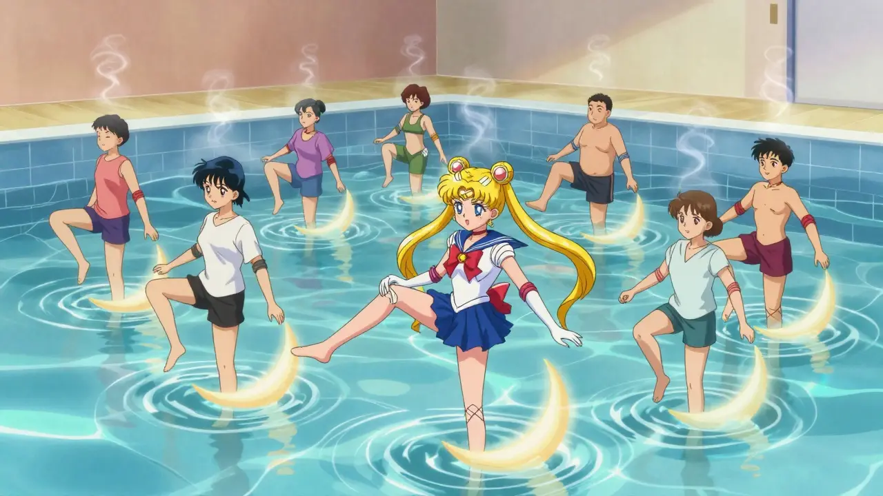 Diverse patients exercising in a warm pool with floating noodles, surrounded by shimmering water and healing light.