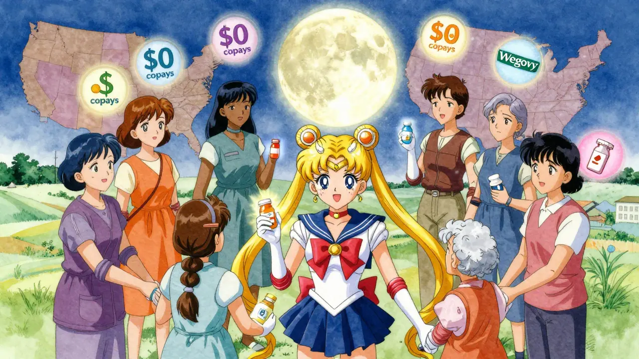 Diverse patients hold hands with glowing pill bottles, united under a giant Medicaid moon symbol, representing equitable drug access across America.