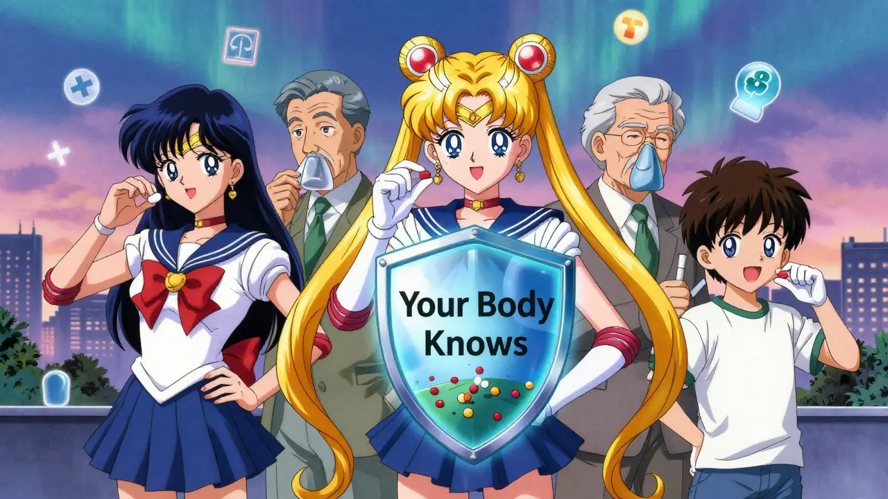 Diverse patients holding pills that reveal allergen battles, protected by a glowing shield in anime style.