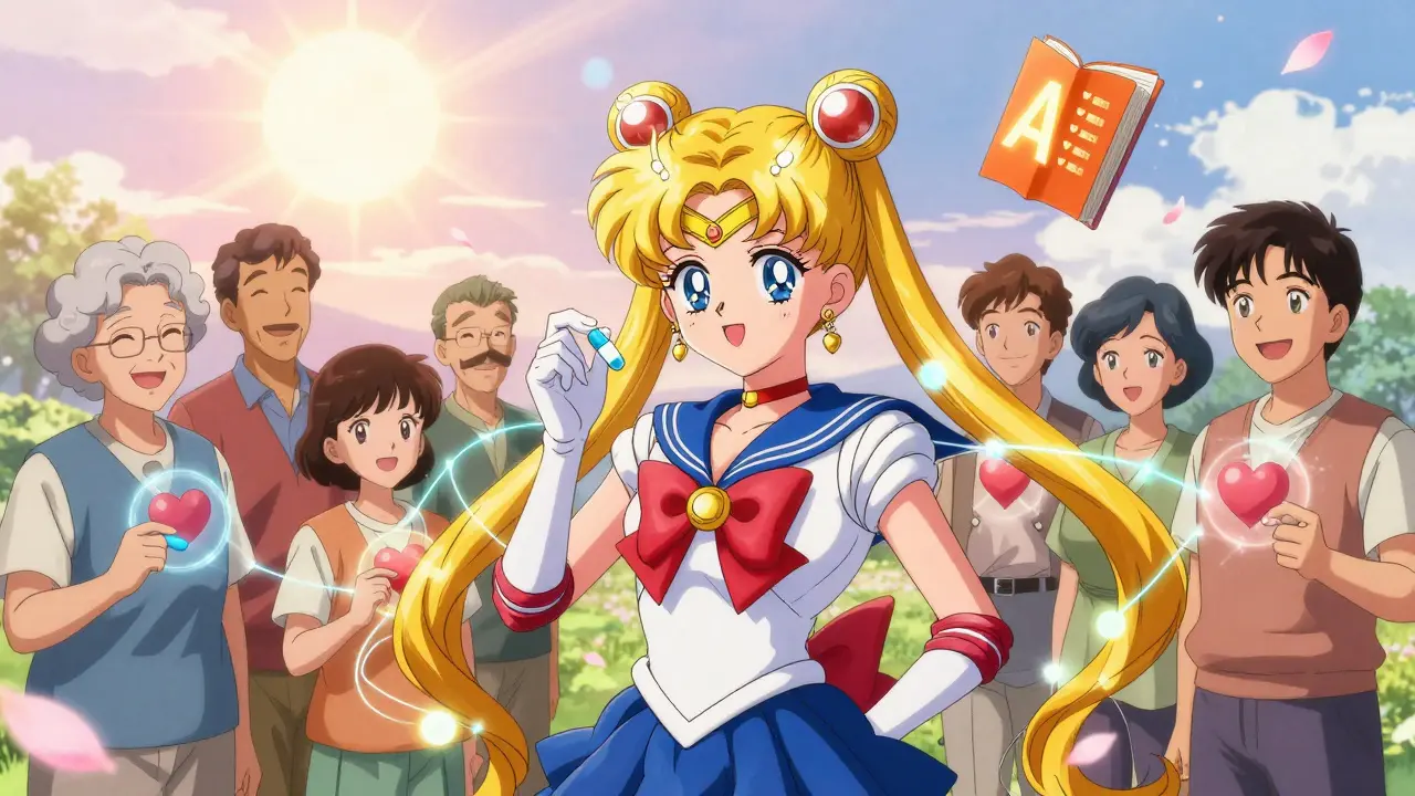 Diverse patients smile as pills connect to their hearts with energy lines under a sunrise, with a glowing FDA Orange Book.