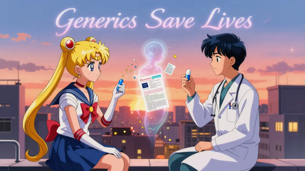 Doctor and patient sit on a rooftop, holding different colored pills as a perception spirit fades.