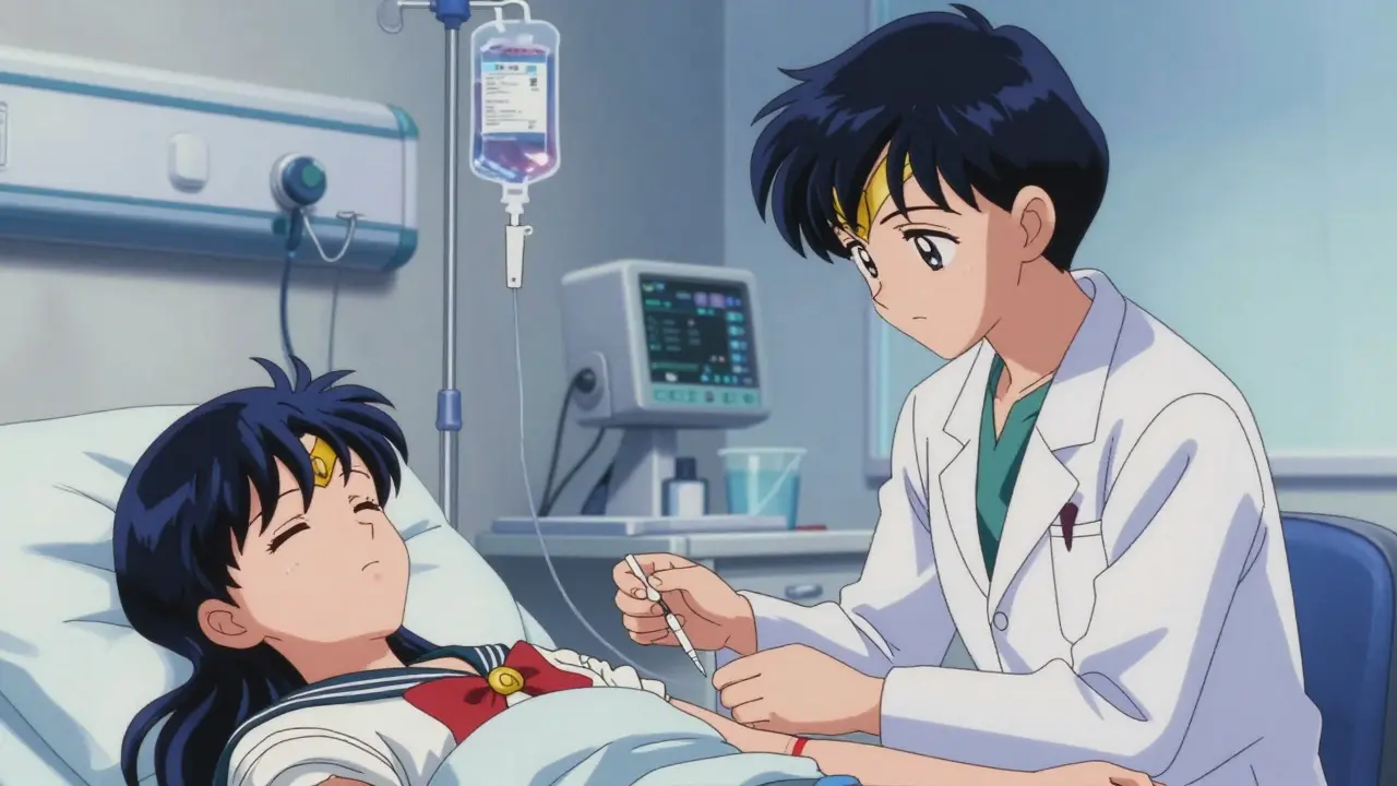 Doctor giving IV treatment to patient in hospital room.