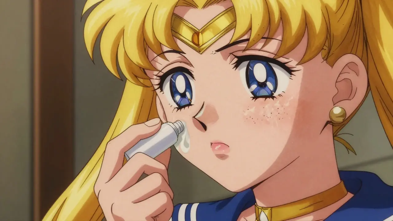 Person applying steroid cream causing skin thinning on face