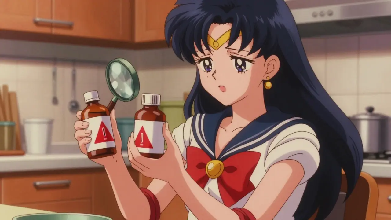 Person holding medicine bottles in kitchen, confused about contents.