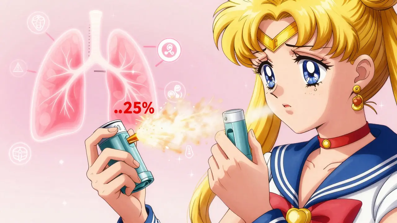 Two hands demonstrate inhaler techniques—one correctly delivering medicine to glowing lungs, the other scattering powder uselessly.