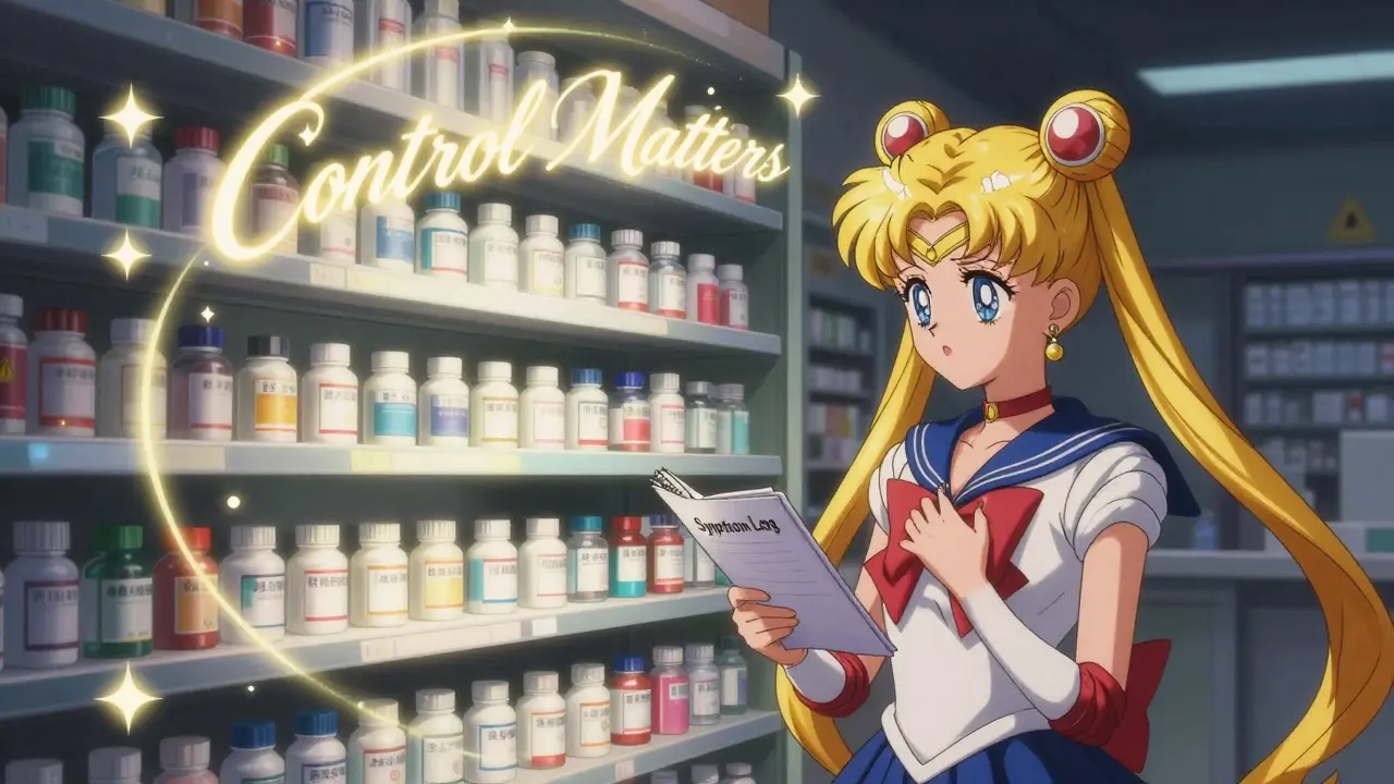 A futuristic pharmacy shelf with branded, authorized, and standard generics glowing differently, a patient holding a symptom log nearby.