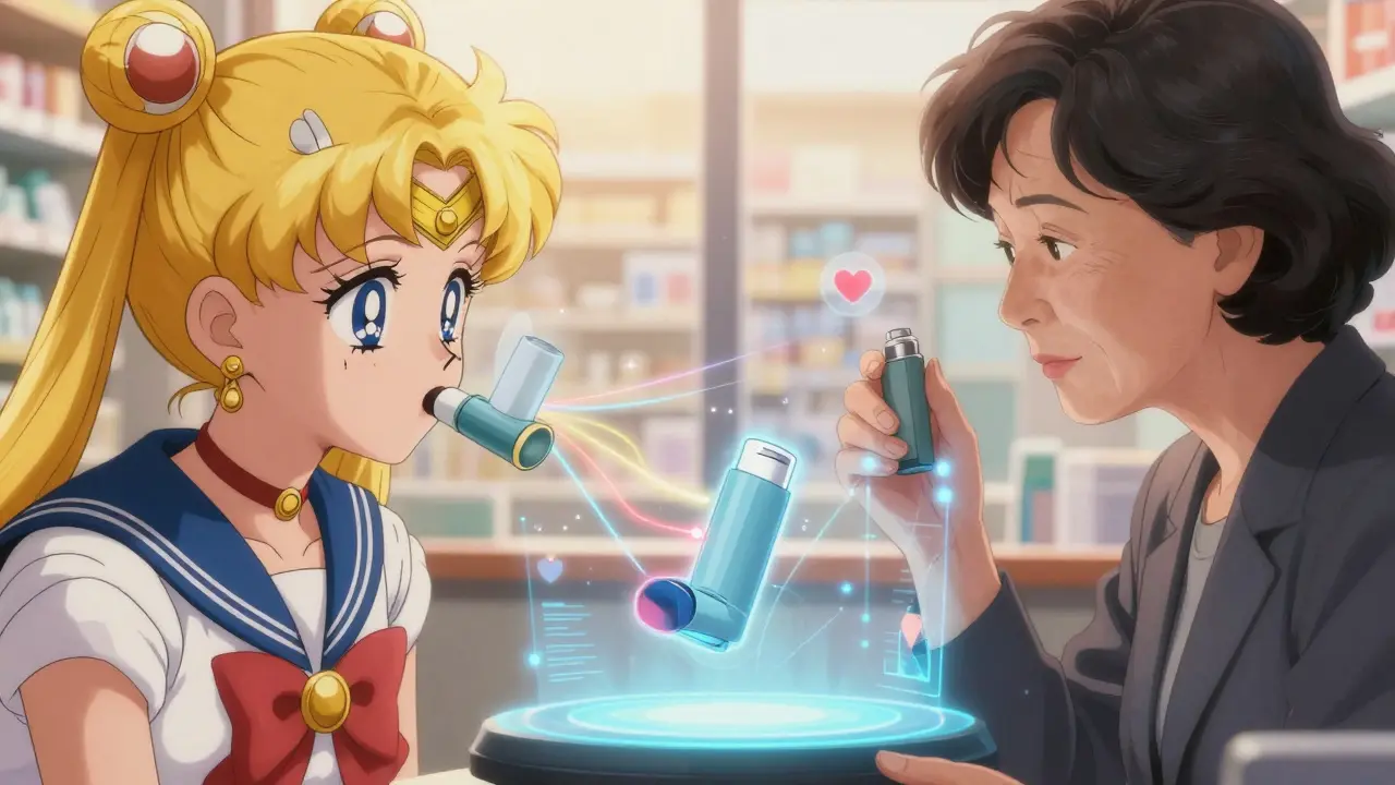 A grandmother and video interpreter view a floating inhaler diagram together, with warm light and sparkles around them.