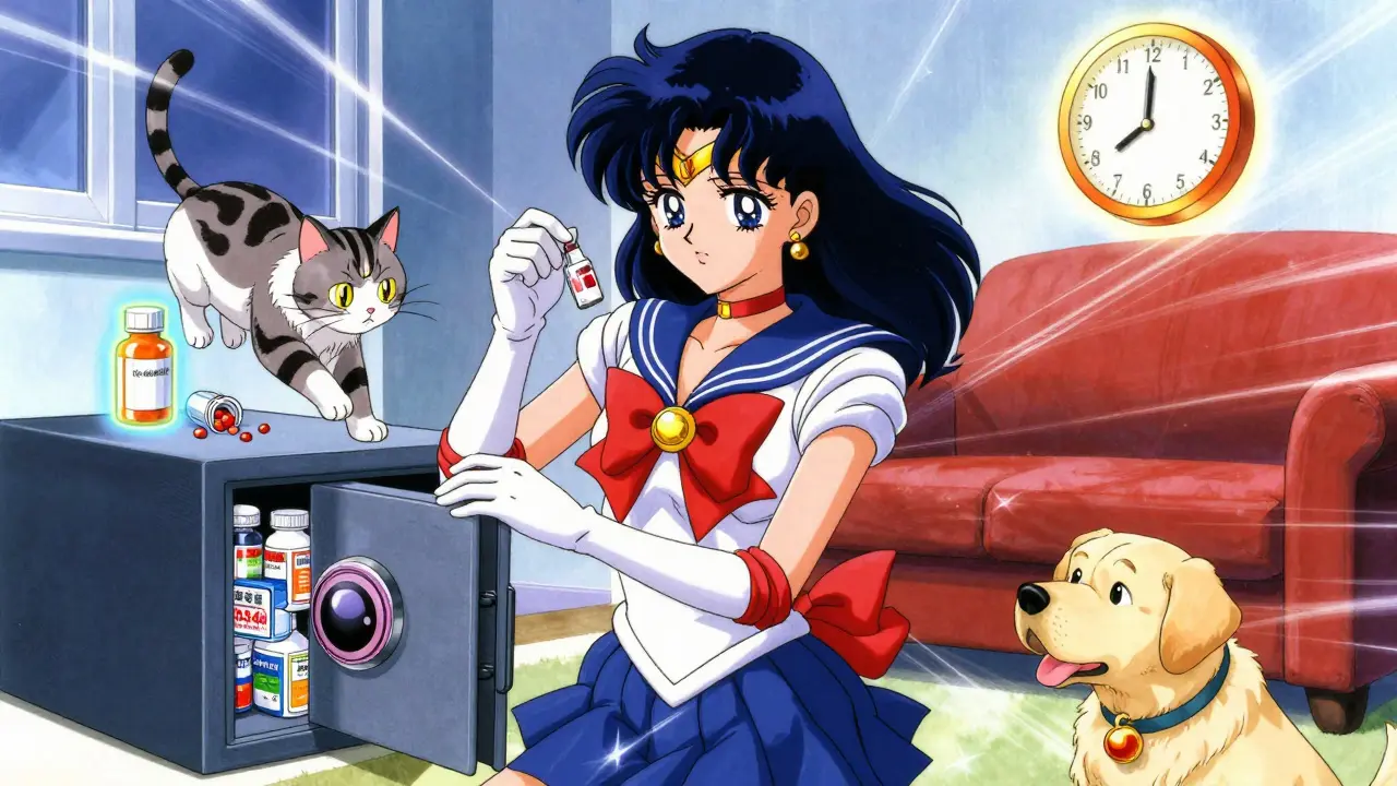 A mother locks away medicine while a cat and dog eye dangerous pills nearby, motion lines show urgency.