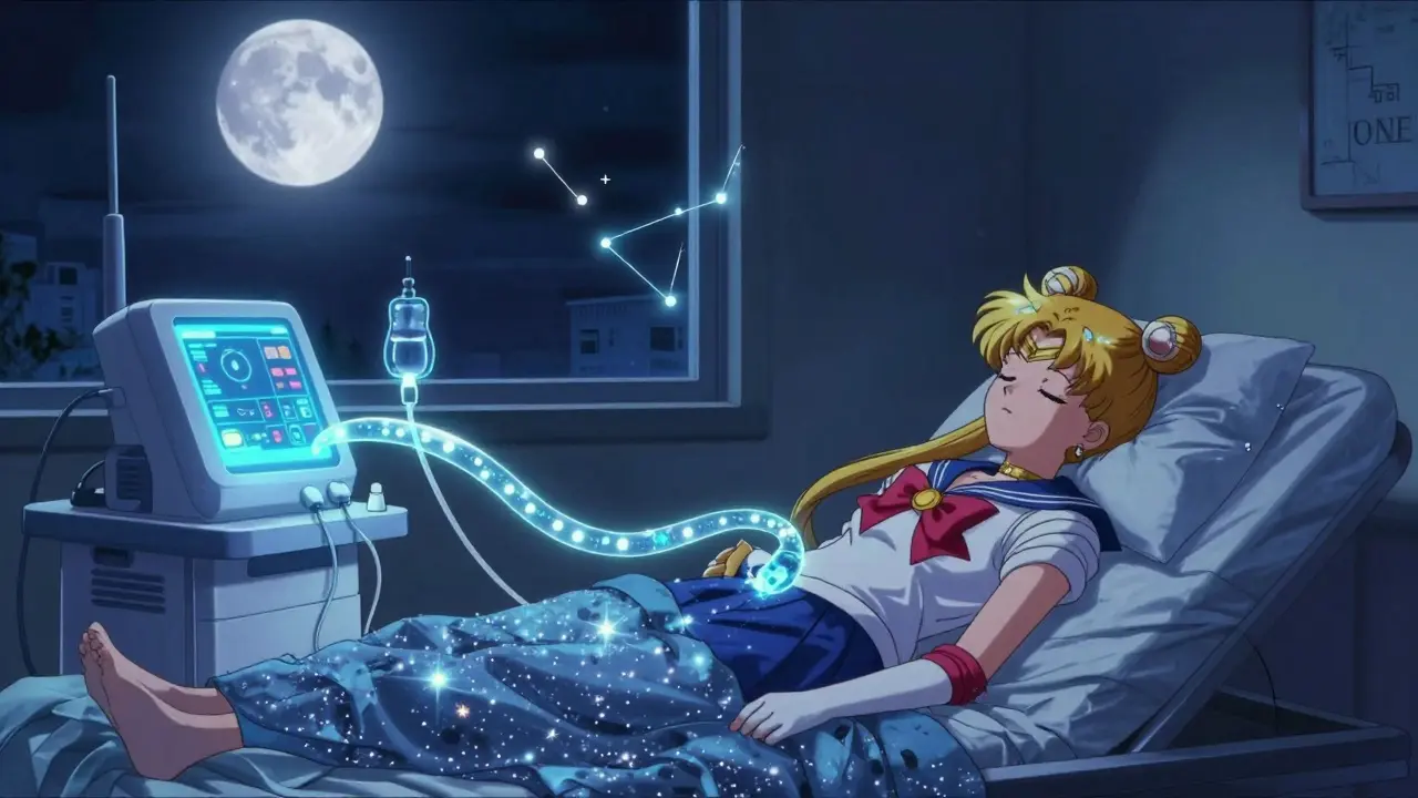 A patient sleeping peacefully during nocturnal dialysis, with shimmering fluid pathways and floating health metrics glowing in the night.