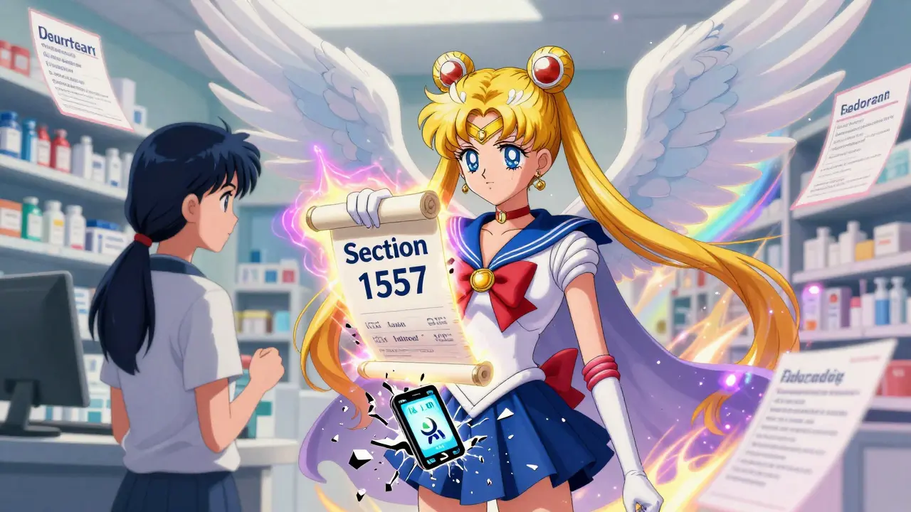 A patient stands firm as a law guardian appears behind them, shattering an AI app, with translated instructions glowing in the air.