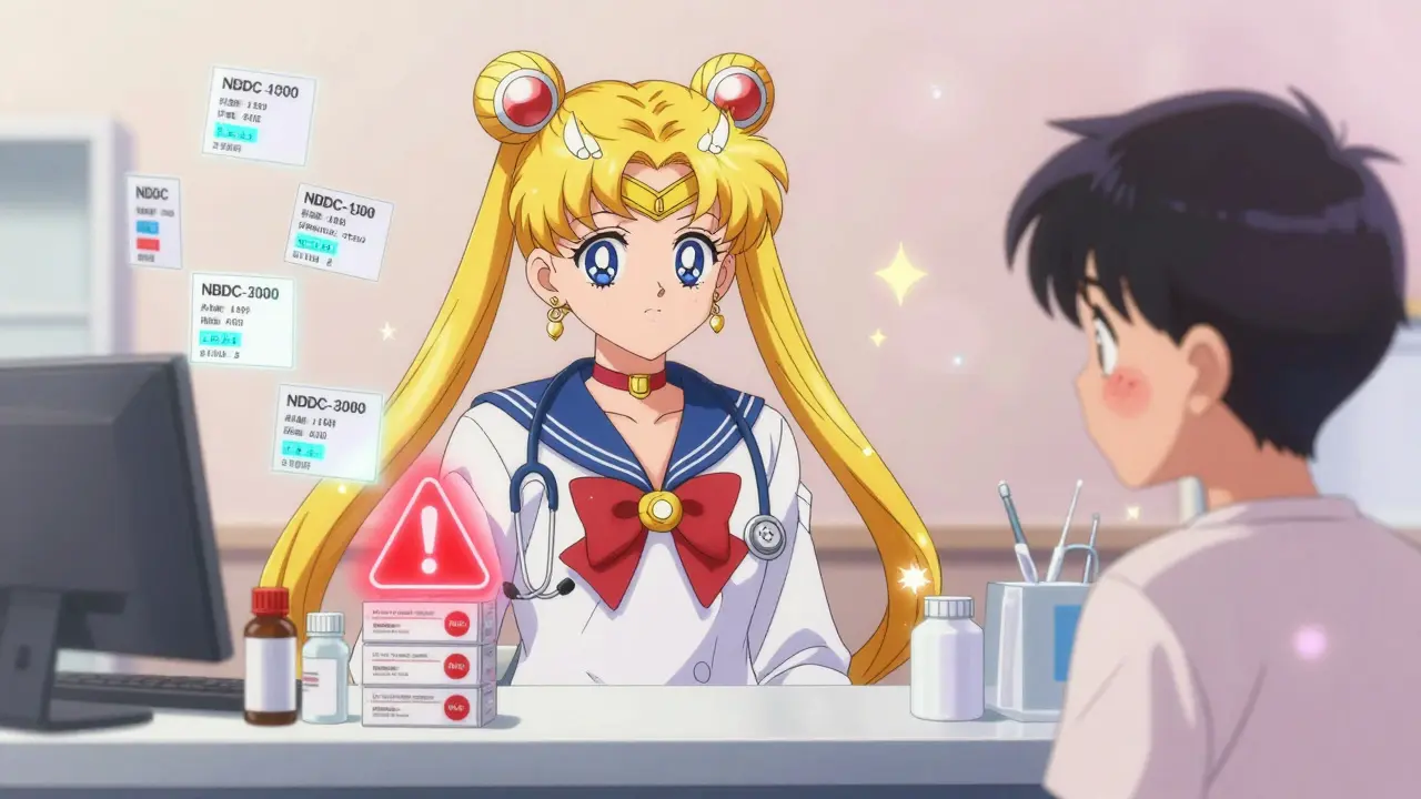 A pharmacist at a counter with floating medication labels and a pulsing red warning symbol above generics.