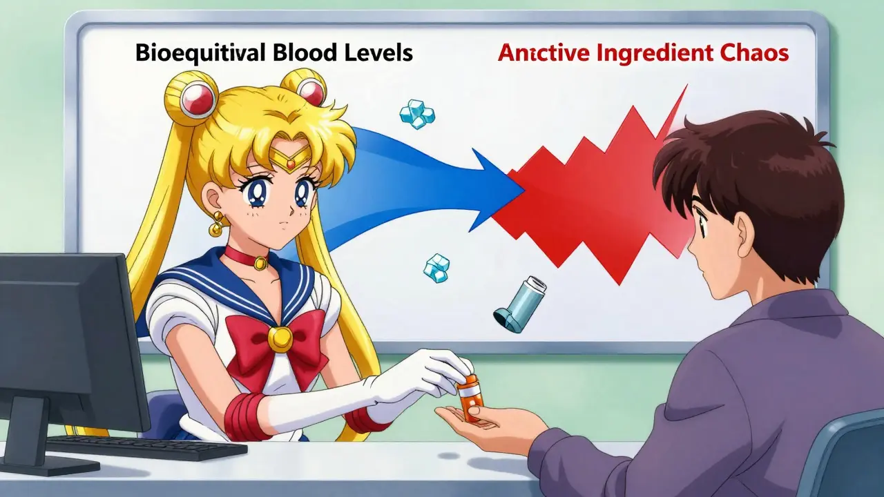 A pharmacist handing a pill bottle to a patient while floating medical icons show contrasting drug absorption paths.