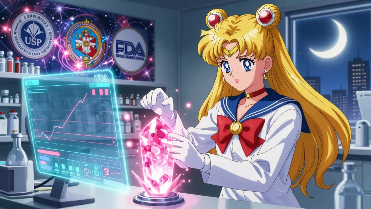 A pharmacist using a glowing desiccant crystal to protect repackaged meds, holograms of stability data floating around in anime style.