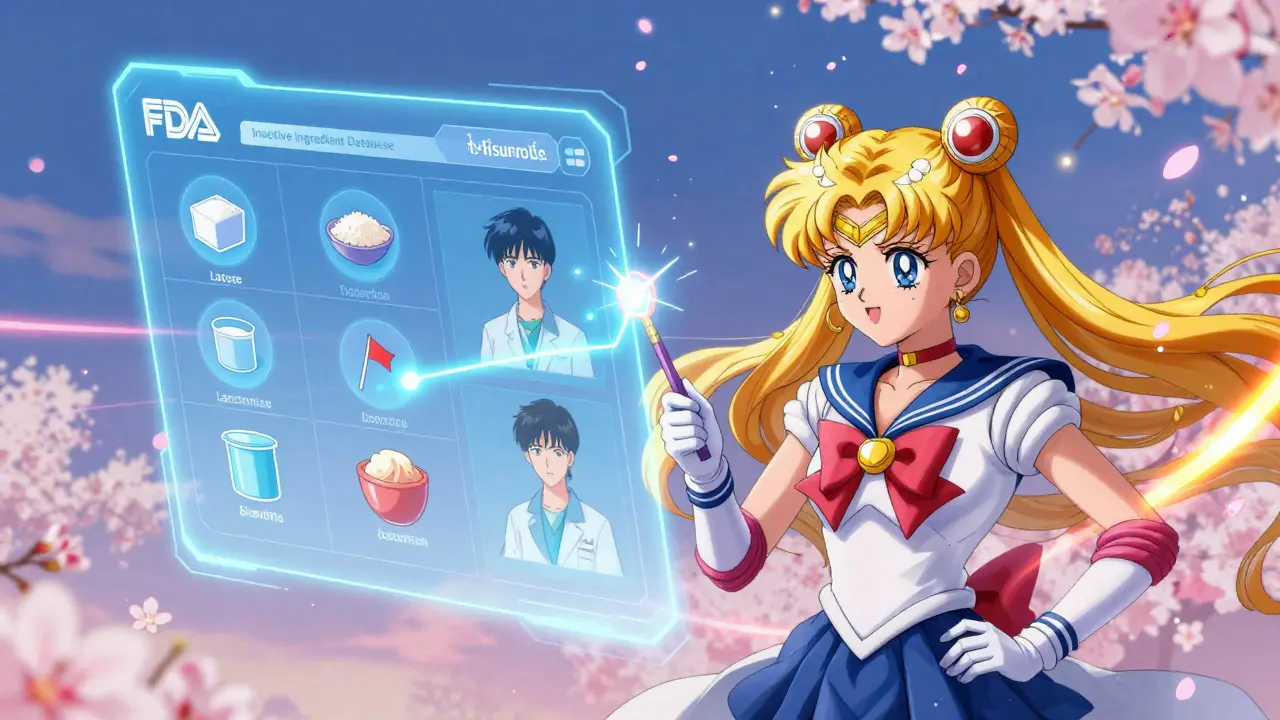 A pharmacist using a magical wand to flag dangerous excipients on a digital FDA database interface.