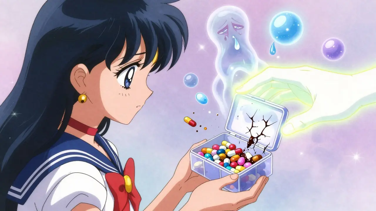 A pillbox with crumbling pills as dark degradation cracks spread, a ghostly molecule weeping nearby in soft manga style.