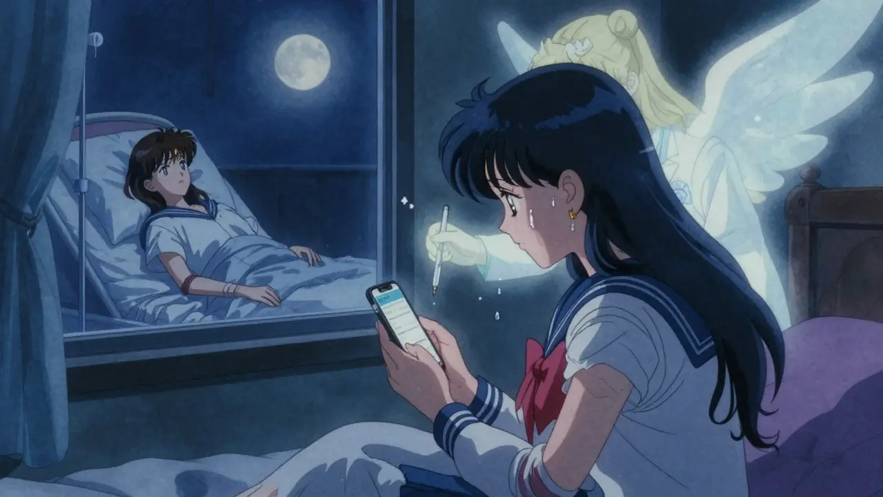 A woman submits a MedWatch report at night; her reflection shows a hospital bed, while a glowing guardian figure offers her a pen in moonlight.