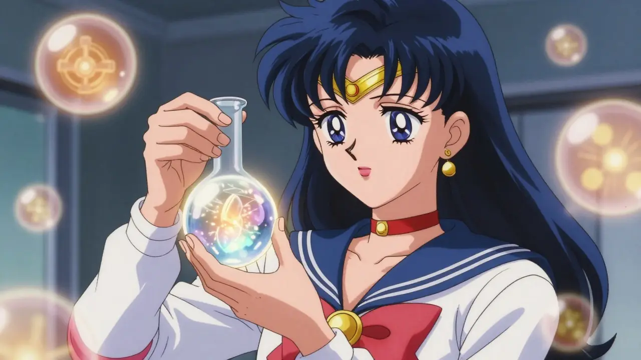 Anime doctor holds glowing diagnostic flask with floating orbs